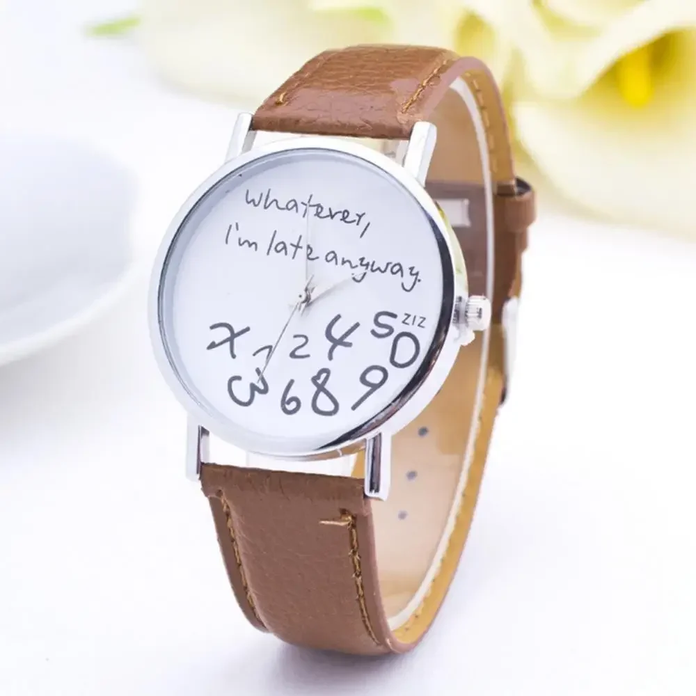 Women Whatever Im Late Anyway Letter Round Dial Faux Leather Strap Quartz Watch Fashion Letters Numbers Adjustable Women\'s Watch