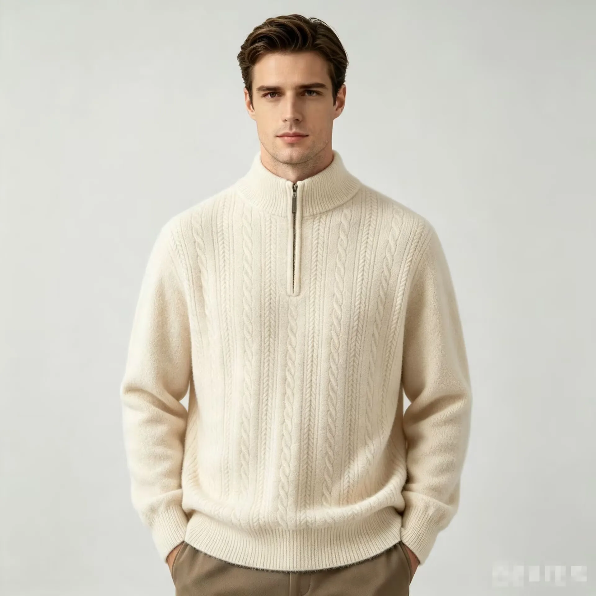 Men Quarter Zip Wool Sweater, Cable Knit Stand Collar Pullover, Casual Loose Thick Warm Woolen Knitted Jumper Autumn Winter