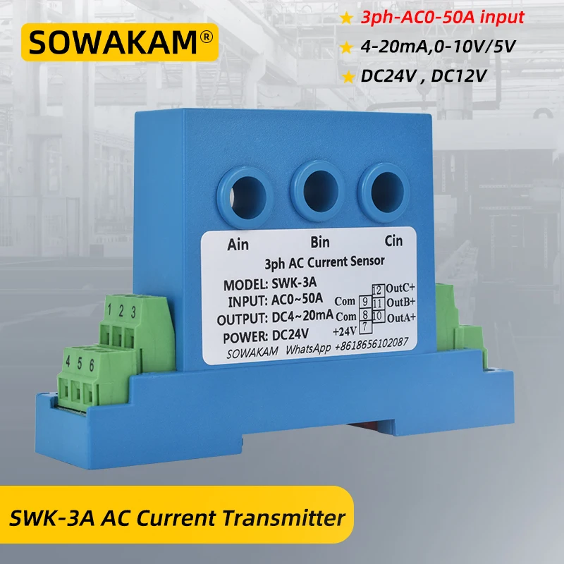 

Three Phase Split Core AC Current Transmitter 5A 10A 20A 30A 50A Input 0-10V 4-20mA DC Analog Signal Converter