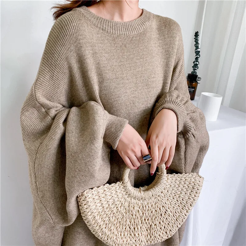 LANMREM 2024 Spring New Fashion Solid Color Round Neck Pullover Bat Sleeve  Long Knit Sweater Women PB615