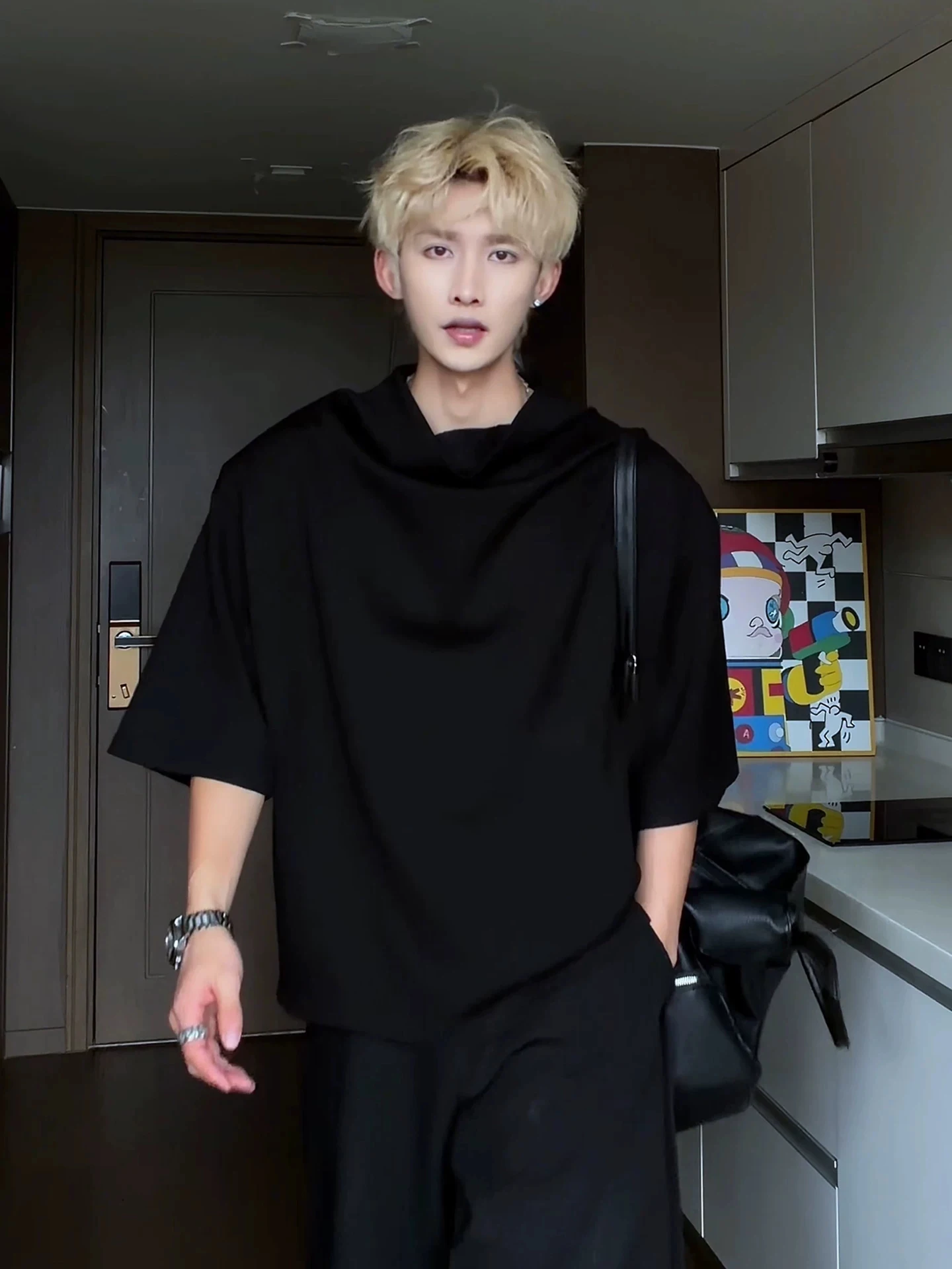 Shoulder Pad T-Shirt Men Summer High Sensation Handsome Full Sleeve Stack Collar Design Five Sleeve Loose Fit Casual Fashion