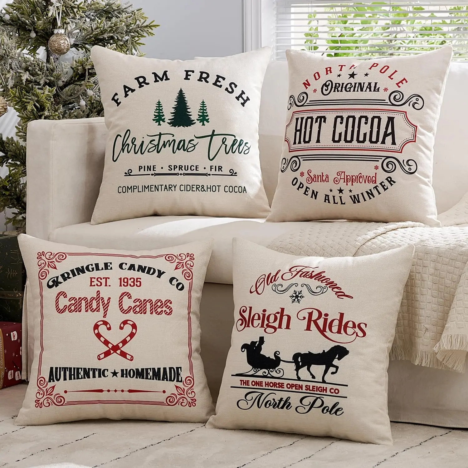 Set of 4 Holiday White Decorative Pillow Covers 18x18 inch Candy Canes Sleigh Christmas Tree Throw Pillow Cases Winter Seasonal
