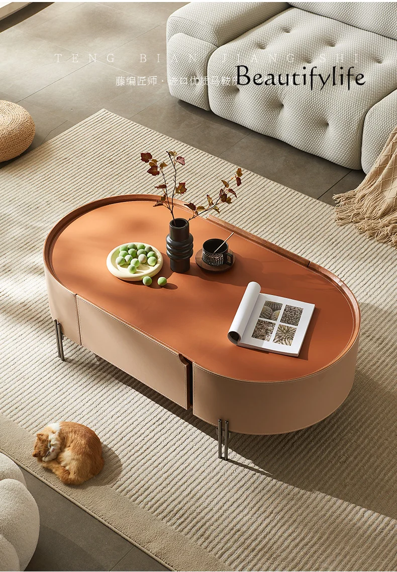 

Minimalist Saddle Leather Coffee Table Designer High-End Creative Leather Solid Wood round Coffee Table Small Apartment