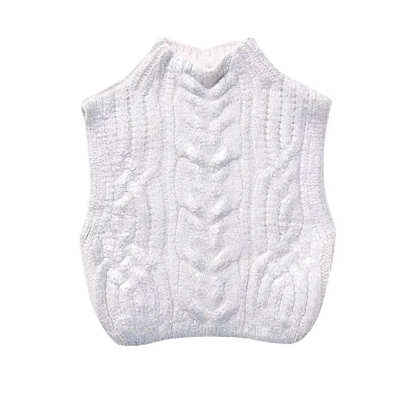 High neck short sweater women's sleeveless mesh vest cardigan top metal color twisted crochet pullover fashionable