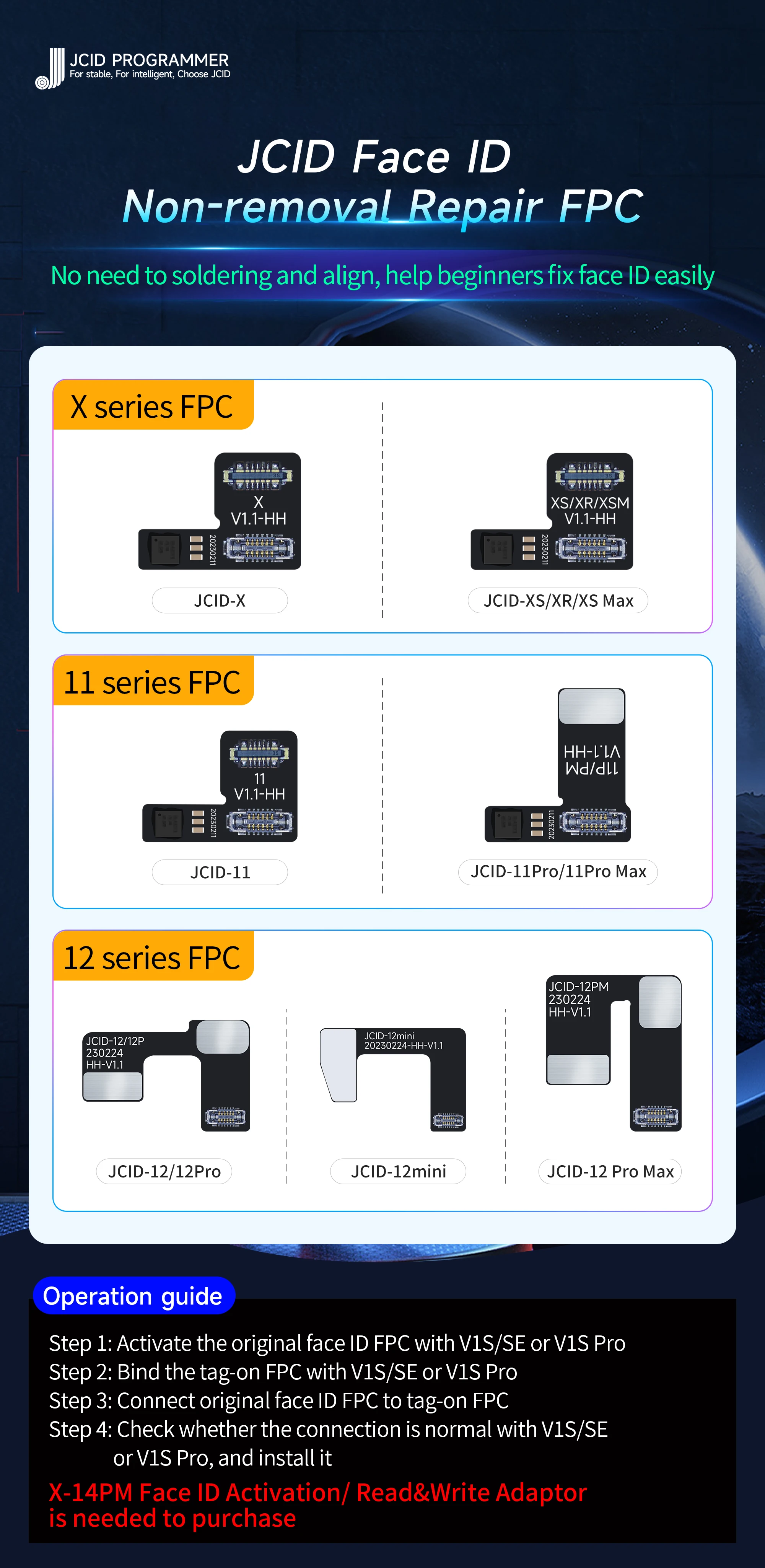 JCID JC V1SE V1S Pro Dot Projector Flex Cable Dot Projector Board Dot Matrix Detection for iphone X to 15 Face ID Not Working Fi