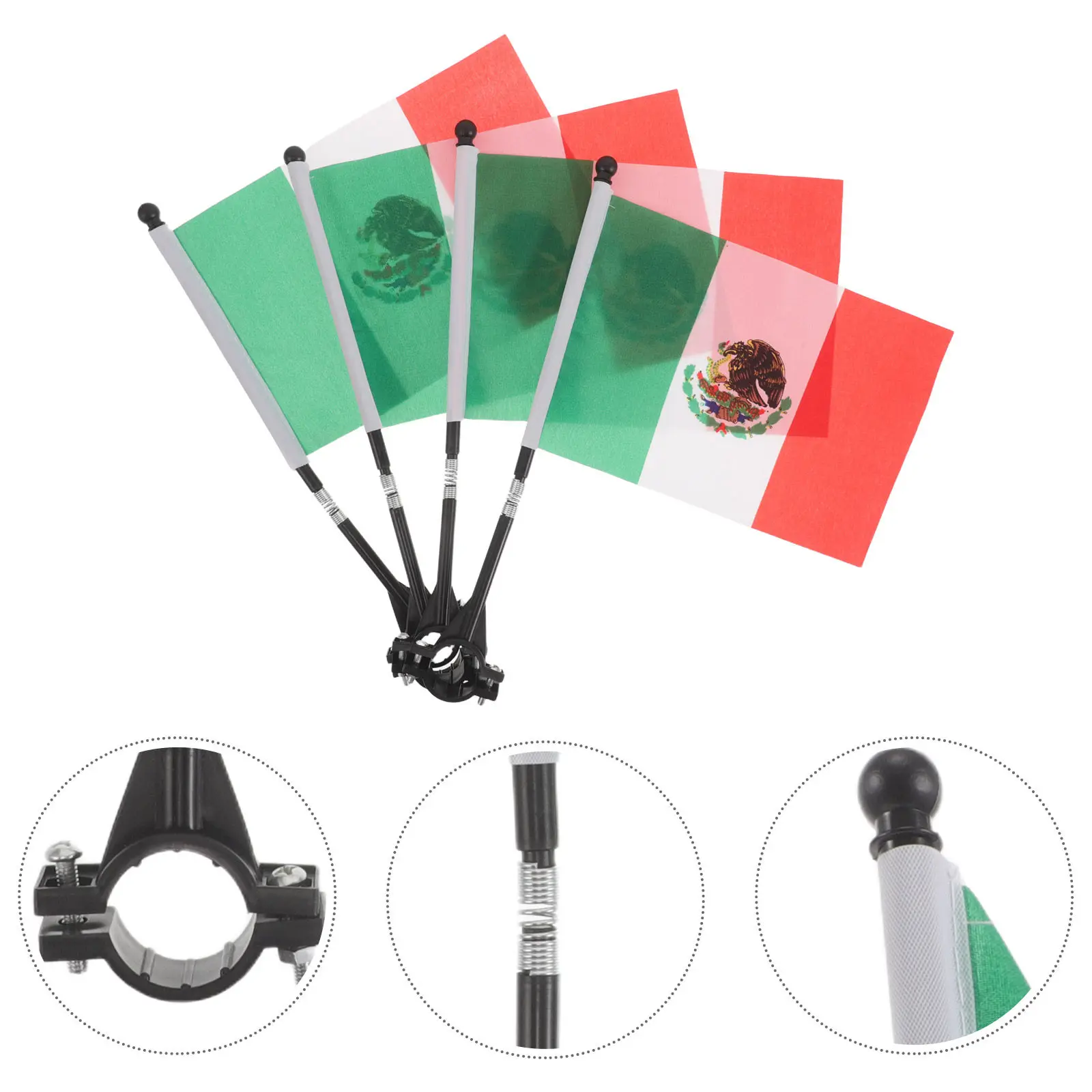 4Pcs Mexico Safety Bicycle Flag with Clamp and Pole Bike Handlebar Flag Enhanced Visibility for Outdoor Cycling Fog Night Use