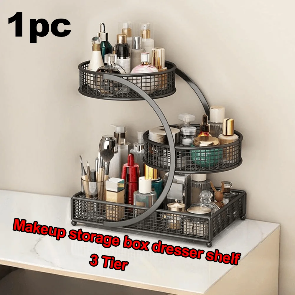 3-Tier Metal Makeup Organizer for Vanity, Large Capacity Rustproof Countertop Storage Shelf, Skincare Perfume Cosmetic Display Rack for Bathroom & Bedroom, Black