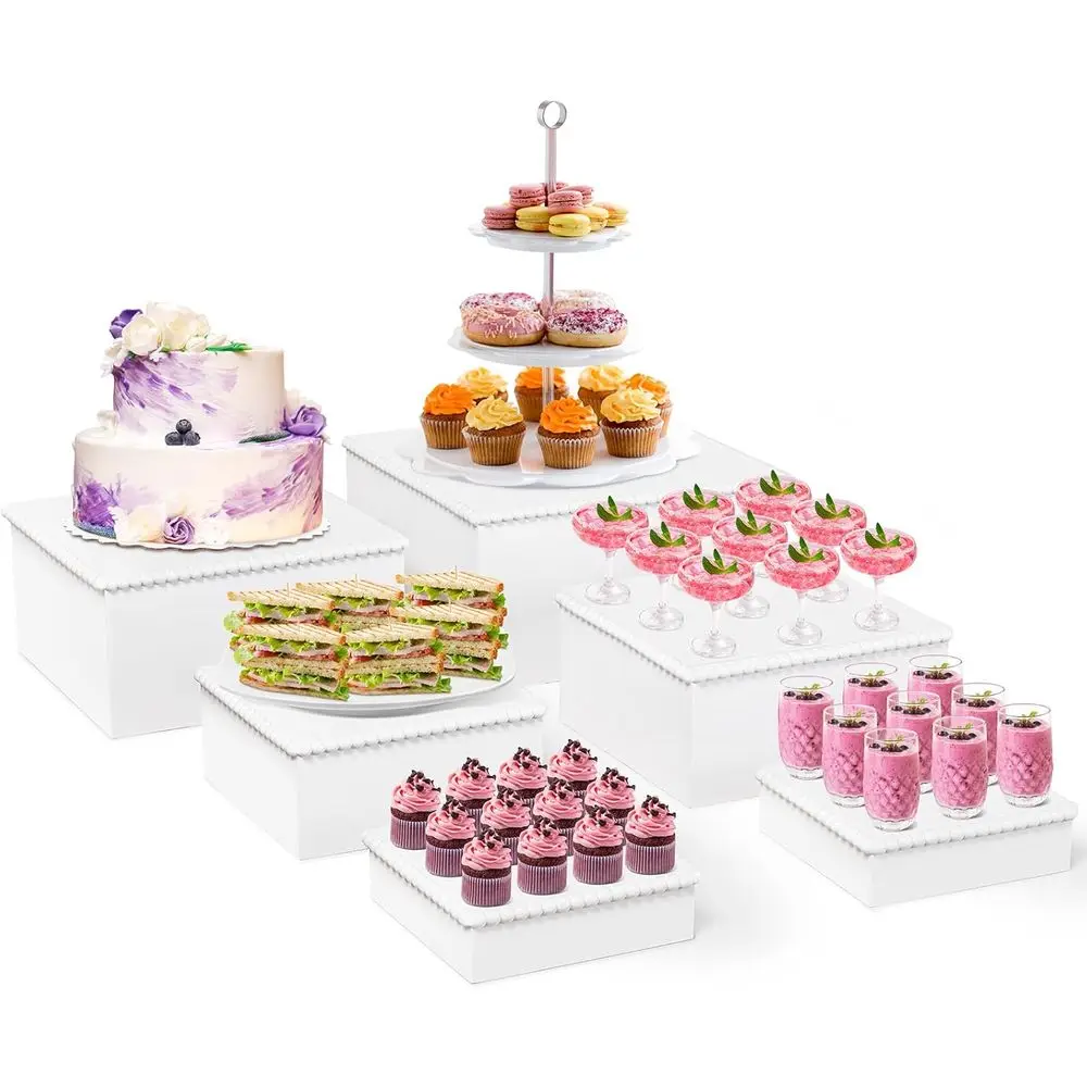 

Белая деревянная подставка для торта, подставки для еды в шведском столе, набор из 6 предметов для шведского стола, большая подставка для торта/фруктов/чашек, идеально подходит для частиц