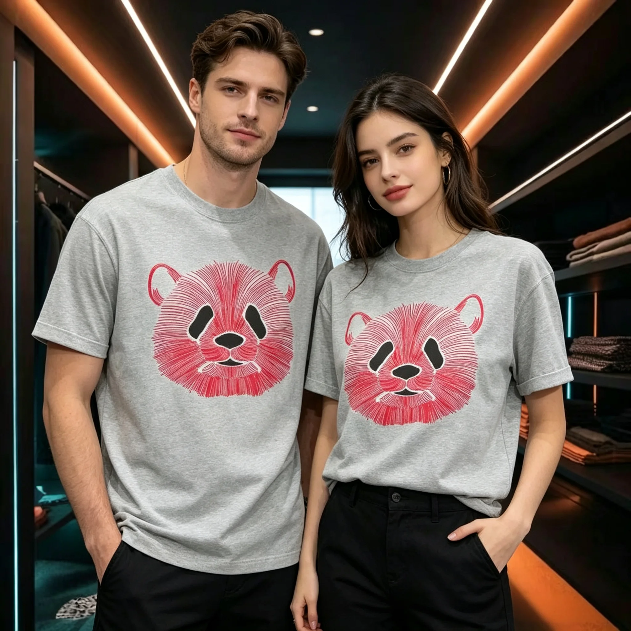 Cotton  100% Men Women Panda Graphic T‑Shirt Creative Red Line Art Panda Print Short Sleeve Casual Couple Tees Tops