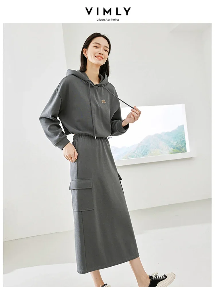 Vimly Gray Womens 2 Piece Outfit Set Cropped Hooded Sweatshirts Elastic Wais Split Skirts 2024 Spring Casual Matching Sets M3971