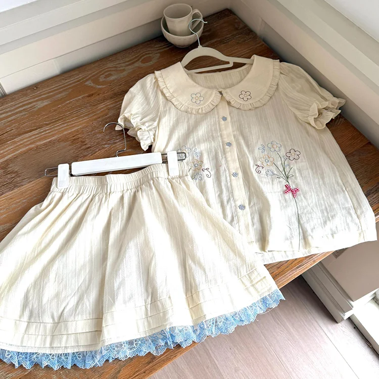 

French Sweet Vintage Floral Embroidery Sret Kawaoo Doll Colloar Shirt Top + Lace Skirt Suit Summer New Casual Two-piece Set 2025