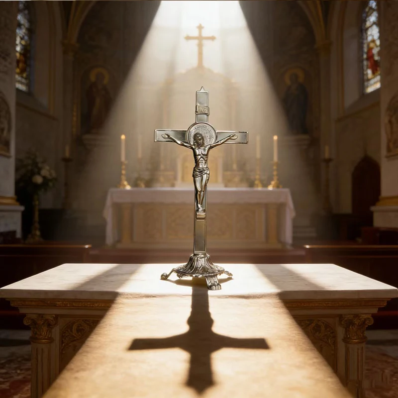 Neues hochwertiges, versilbertes katholisches St.-Benedikt-Kruzifix mit verziertem Sockel, stehendes Kreuz für den Gottesdienst auf dem Tisch und die tägliche Andacht. – Detail 7
