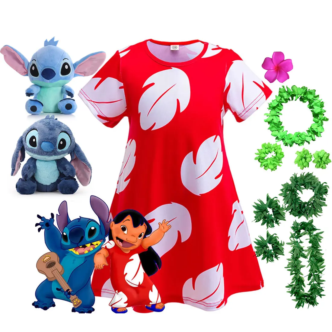 Disfraz de Lilo de Disney para niña, vestido rojo, pijamas de manga corta, vestido estampado hawaiano, traje de playa de verano + conjunto de muñecas de puntada
