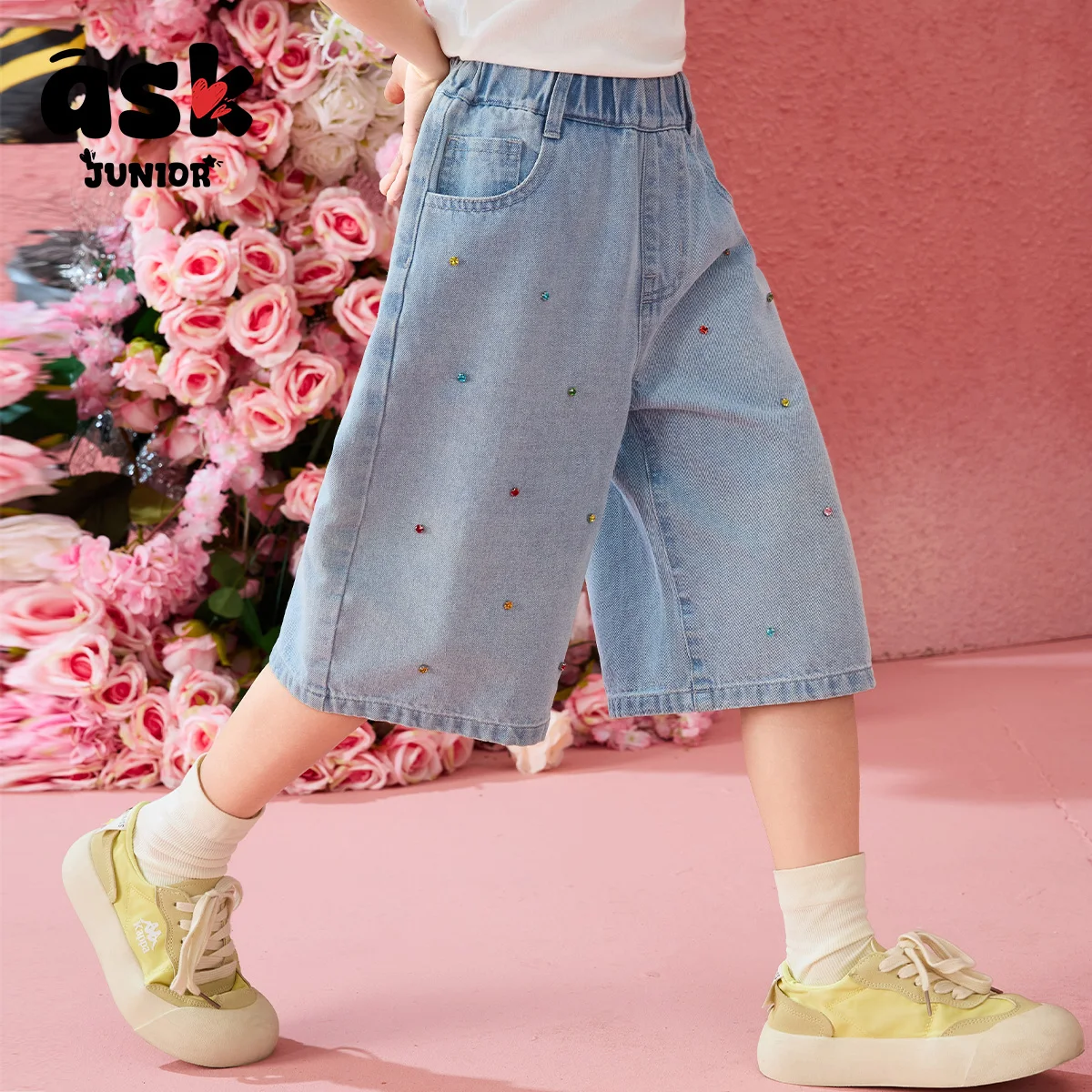 بنطال جينز مغسول بألوان متباينة من الكريستال الماسي للفتيات الصيفي للأطفال #2