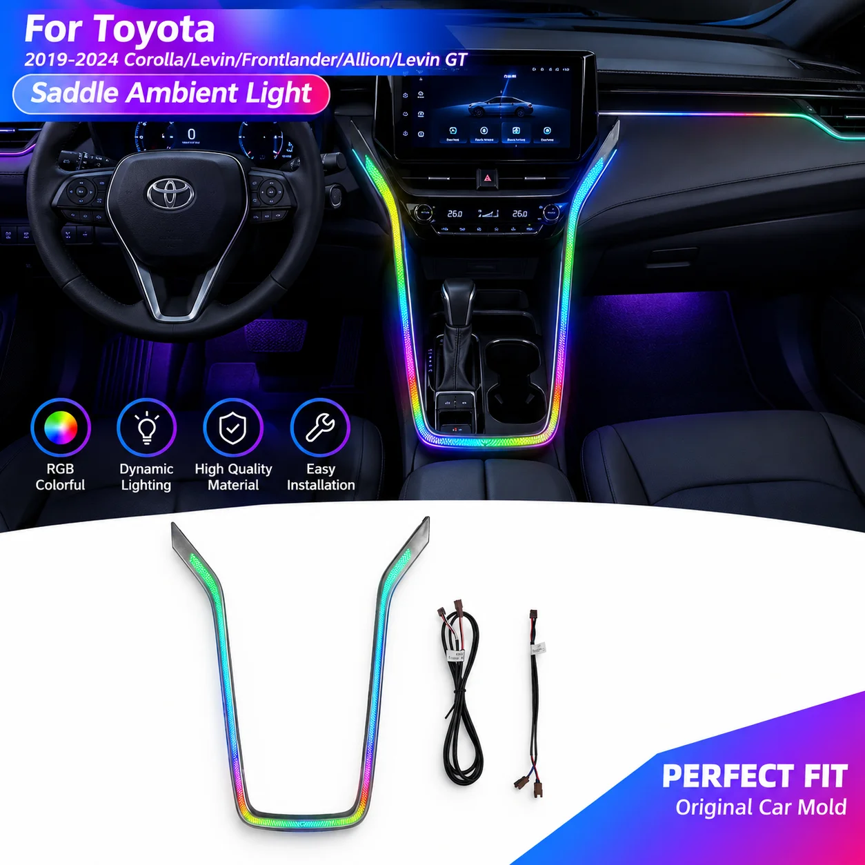 For Toyota Corolla 2019-2024 Saddle Ambient Light RGB Shift Lighting Center Console Trim Interior Decoration Kit