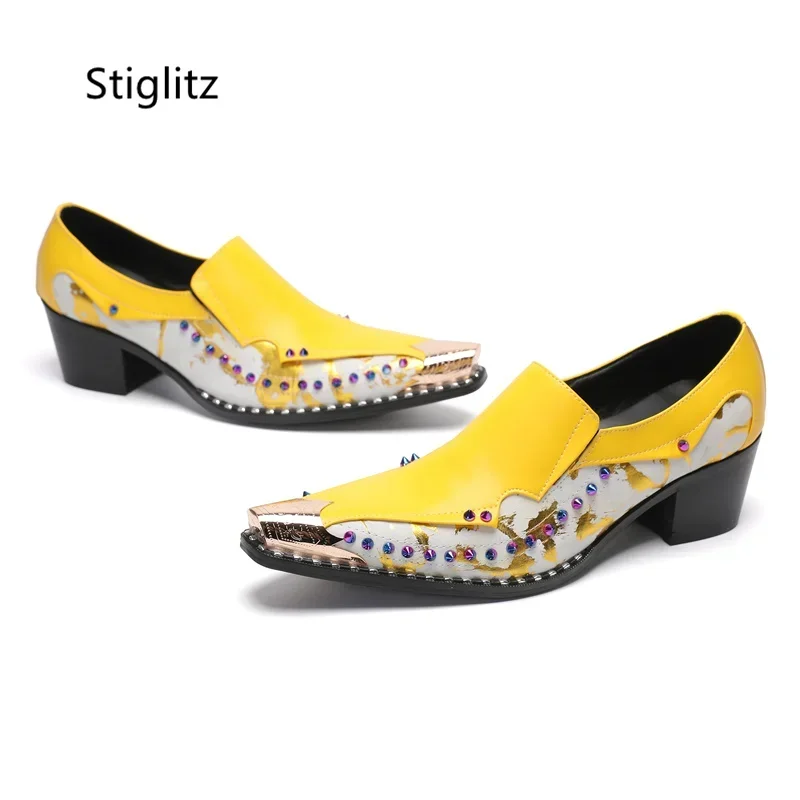Yellow Print Genuine Leather Shoes for Men Patchwork Metal Toe Rivet Casual Business Shoes with Heels Retro Party Dress Shoes view 3