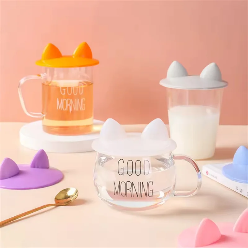 Cute Cat Ear antler Silicon Cup Lid, Dustproof Leak-Proof Sealed Cover for Coffee Water Cup, Round Heating Cup Accessories