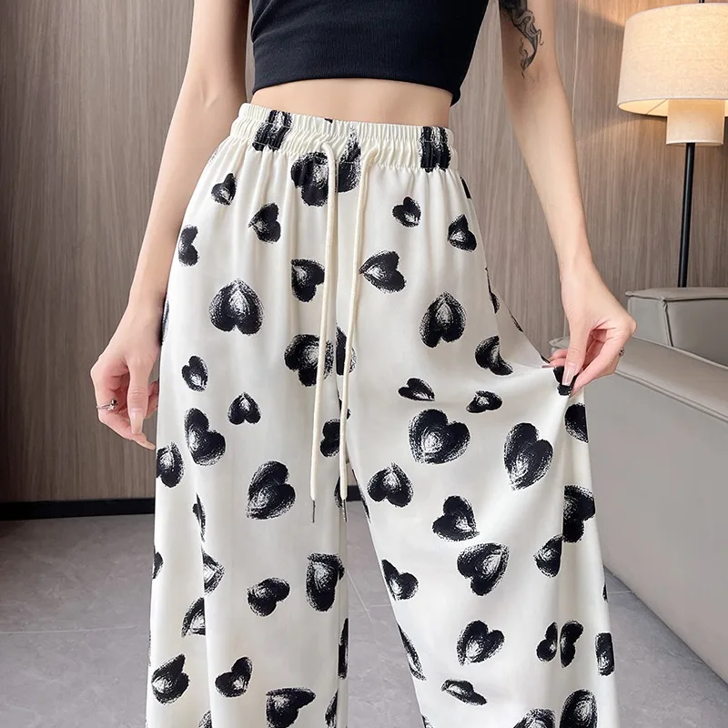 

Повседневные широкие брюки из ледяного шелка с принтом, женские летние тонкие дизайнерские свободные прямые шифоновые брюки с высокой талией и висящим ощущением