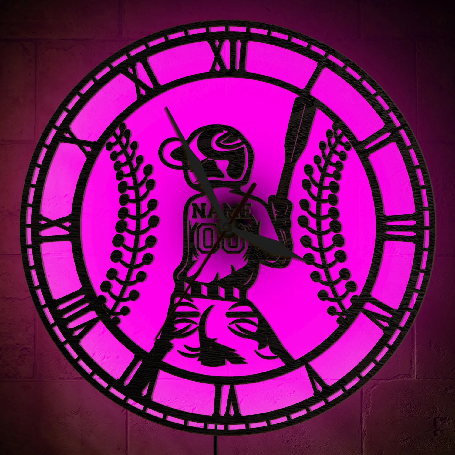 Baseball Player Custom Name LED Wall Clock Color Changing Night Light Silent Quartz Wooden Wall Clock For Man Cave Sports Room