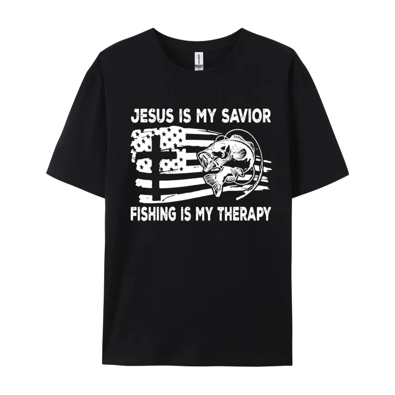 

Jesus Is My Savior Fishing Is My Therap T-Shirt Awesome Cotton Tee Camisas Men Birthday Camisa Streetwear Tshirt Custom