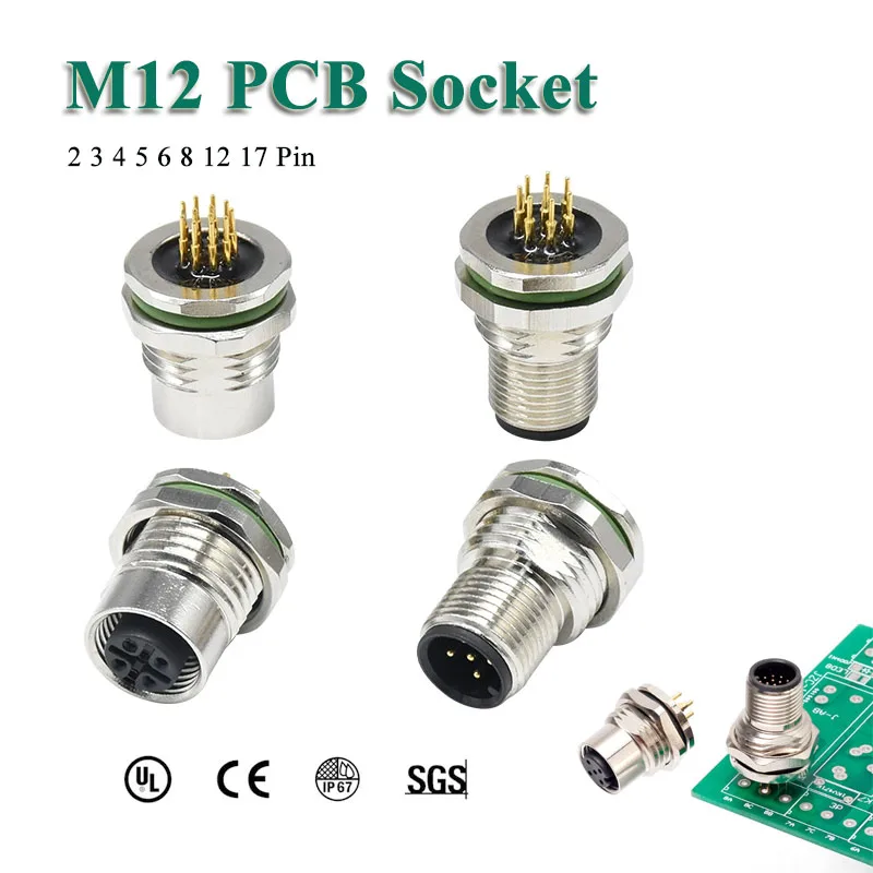 

Waterproof M12 PCB Flange Socket IP67 2 3 4 5 6 8 12 17 Pin Panel Front Rear Aviation Plug Socket Welding Male Female Connector