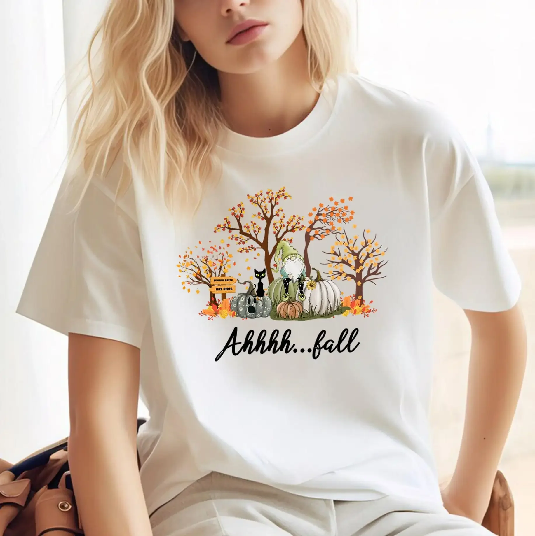 Fall Sweat T Shirt Ahh Season Leaves Gnome Pumpkin Autumn Tree