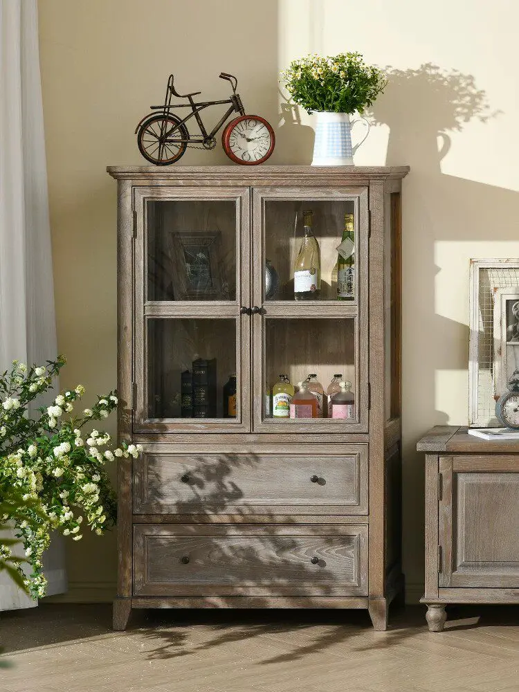 ^American Natural Style Solid Wood Sideboard Living Room Half-Height Storage Cabinet French Country Wine Cabinet Vintage Bookcas