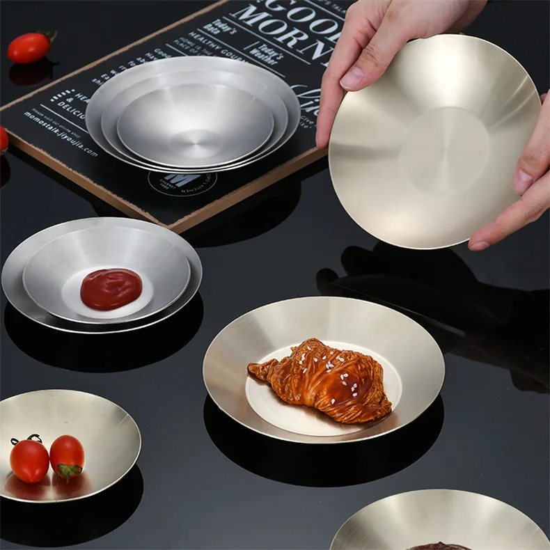 304 Thickened Korean Round Side Dish Stainless Steel Saucer Hot Pot Saucer Restaurant Round Dish Fruit Plate Tableware Supplies