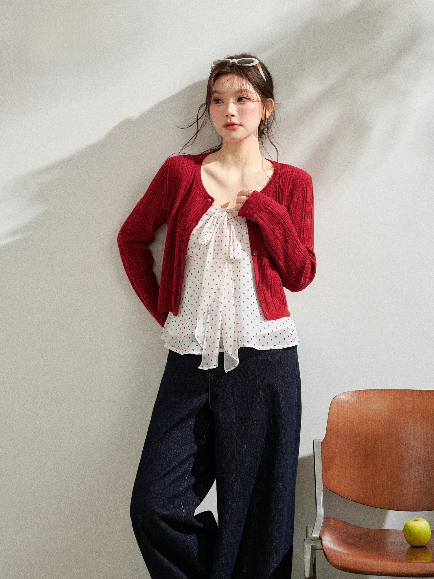 

plus Size Women's Sweet Style High Waist Denim Set with Strap Cardigan And Polka Dot Print Suitable for Plump Mm