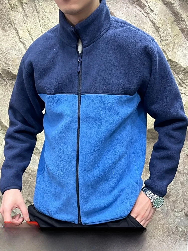 

Double-Sided Fce Jaet Zipper Coat Men's Warm Outerwear Youth Sle Stand Fit Polyester Fiber Long Sve Stand Collar