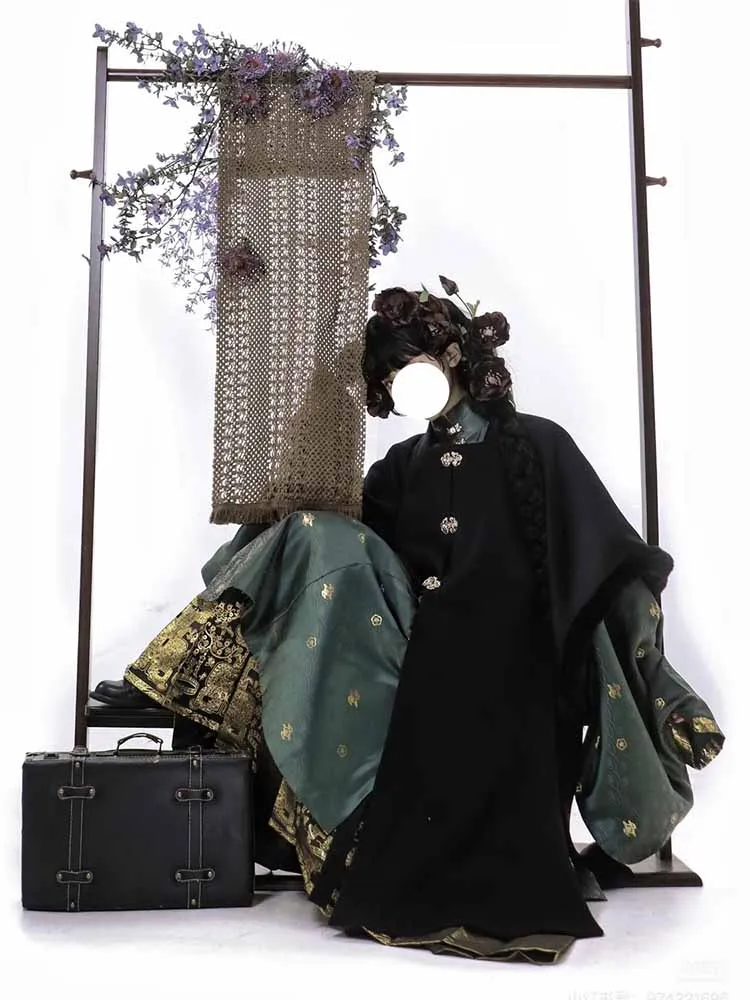 Inverno plus size 8xl hanfu feminino antigo chinês vintage dinastia ming preto engrossado casaco longo ouro cavalo rosto saia 3 pçs ternos