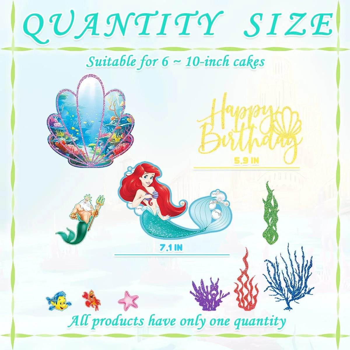 11pcs Little Mermaid Cupcake Glitter Cake Topper for Wedding Birthday Party Decoration For Girl Pearl Shell Baby Shower Supplies