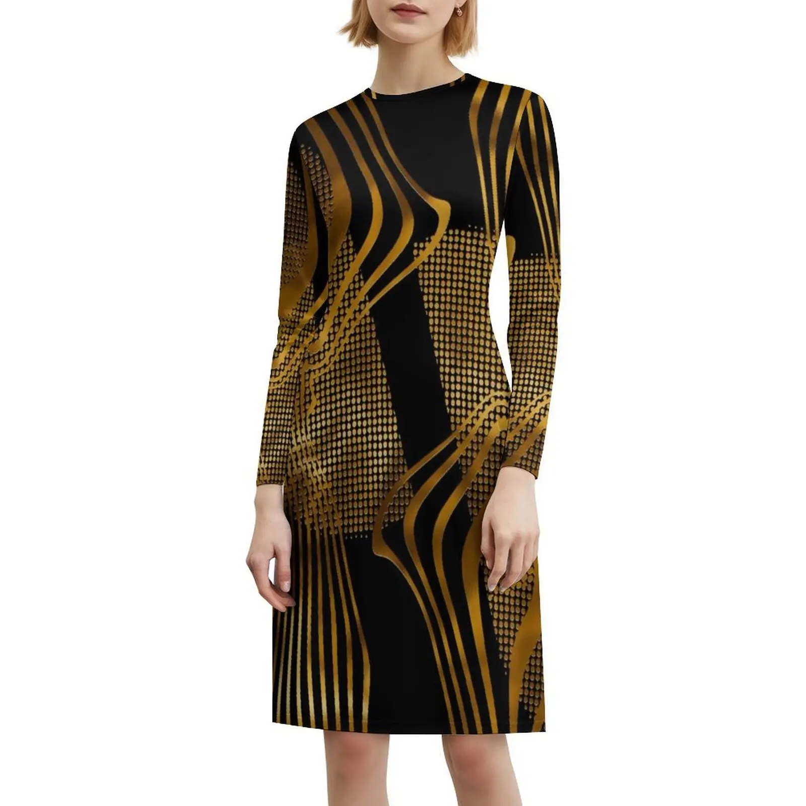 فستان بوهو شيك مطبوع مخطط ذهبي تجريدي أنيق لحفلات الزفاف على الشاطئ، فستان تجريدي ذهبي أسود ذهبي مخطط