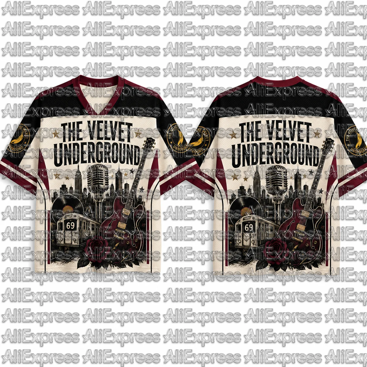 The Velvet Underground 69 Pattern Men's Mesh V-neck Short Sleeved T-shirt Retro New York Rock Band Neutral Street Sports Top