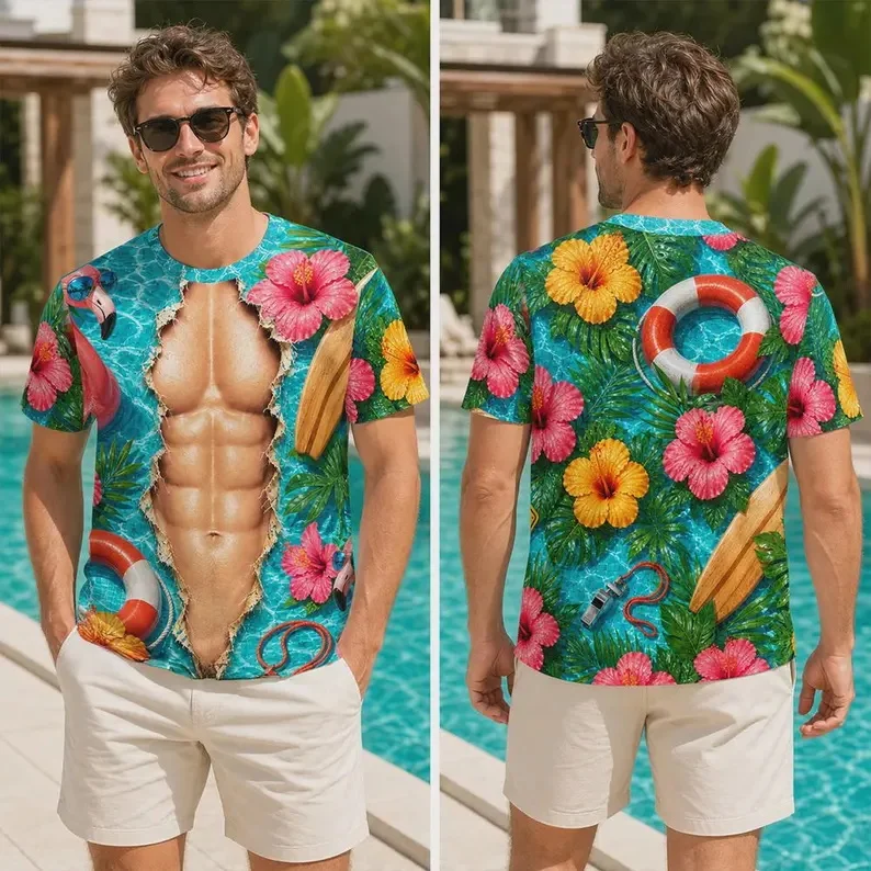 Men Funny 3D Fake Ripped Muscle Body Print T‑Shirt Tropical Floral Flamingo Surfboard Short Sleeve Beach Crew Neck Tee Tops