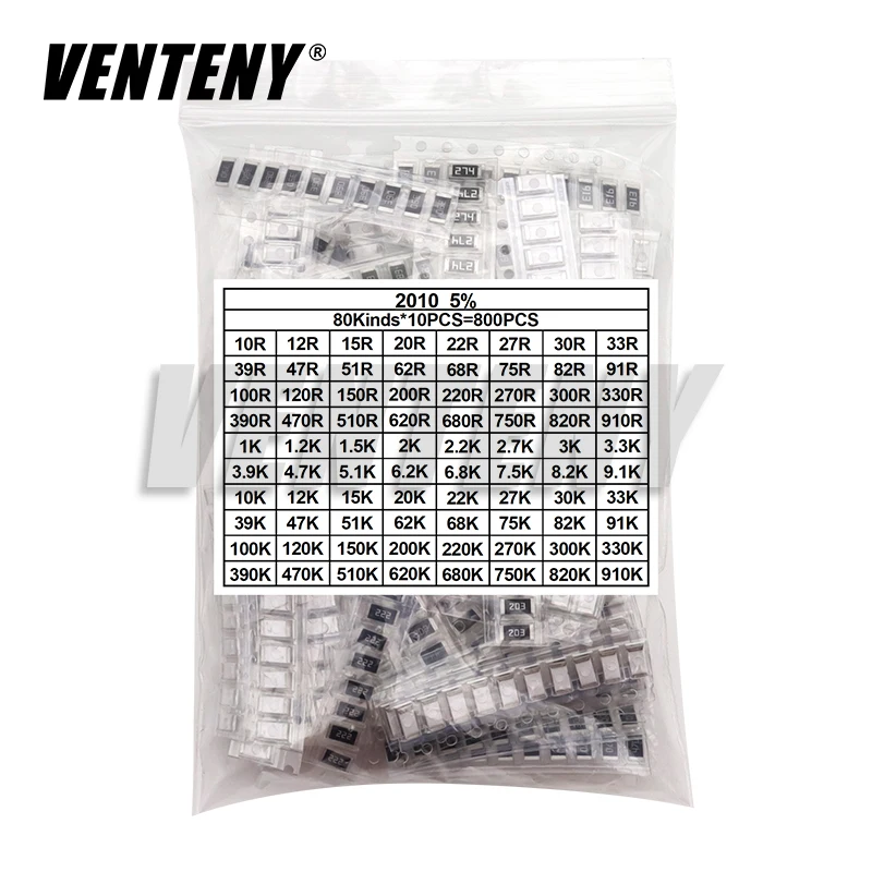 

800pcs 2010 5% SMD Resistor Assorted Kit 1ohm-1M ohm 80valuesX 10pcs=800pcs Sample set