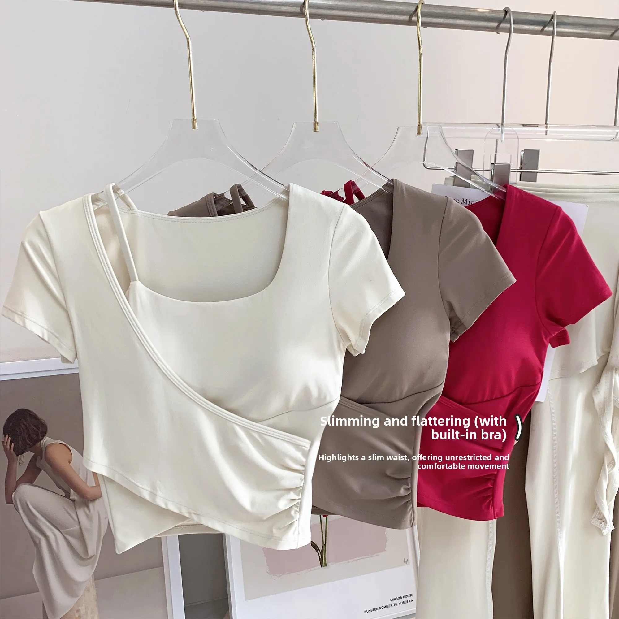 New Sle Square Collar Fixed Cup Sports ort Sve Women's Yoga Top Pilates Fitn Training Wear Breathable Moisture Wi...
