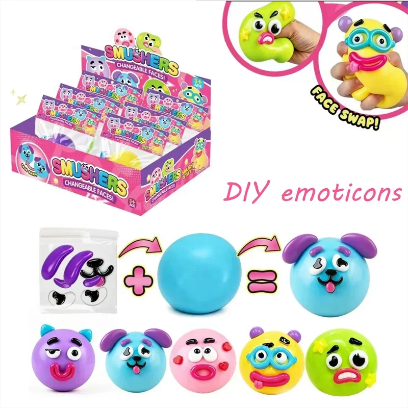 Smushers DIY Emoticons Cute Dog Face Swap Squishy Pinch Pressure Ball Slow Rise Squeeze Pull Toy for Autism ADHD Adult Fun Gifts