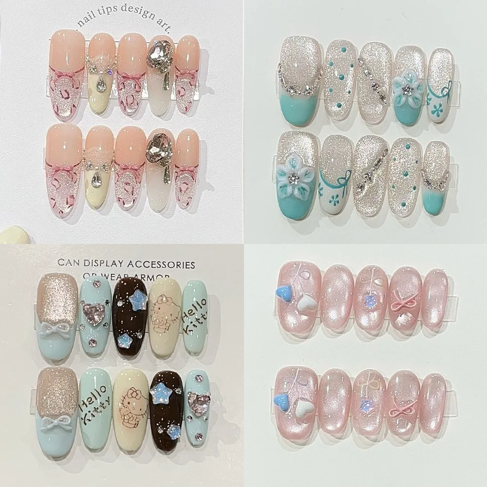 

Girlish French Light Cool Bowknot Diamond Cat Nail Art Love Dots Stars Glitter Powder Press-On Nails Summer Accessories Gift