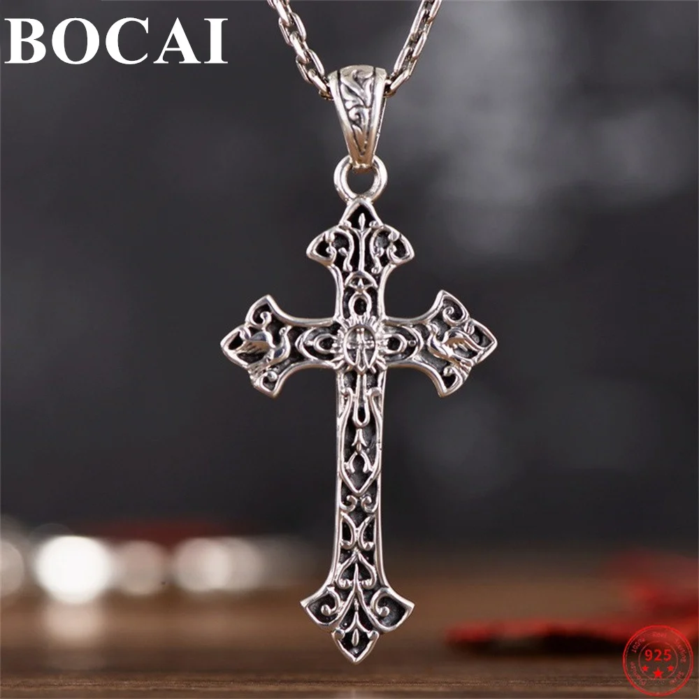 

BOCAI S925 Sterling Silver Cross Pendants for Women Men New Fashion Eternal Vine Totem Jesus Amulet Jewelry Free Shipping