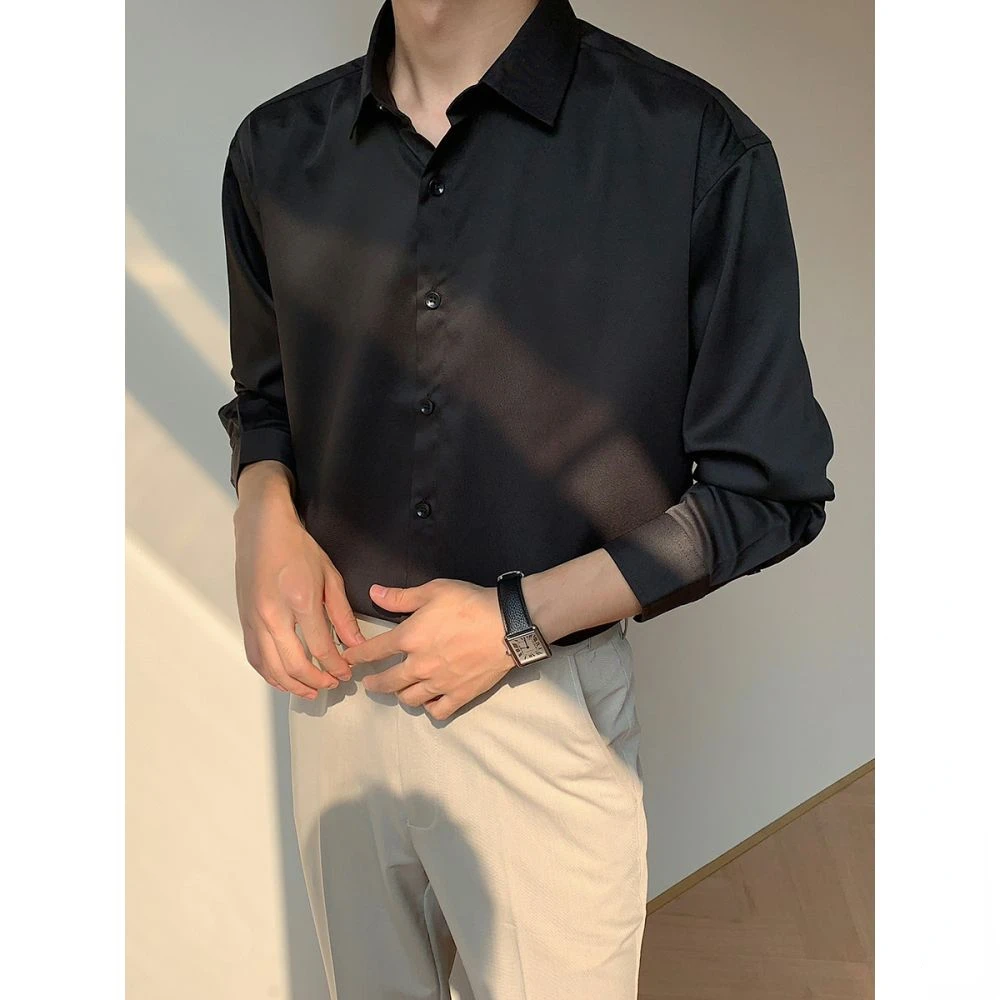 Camisas masculinas e femininas de seda gelo, camisa solta, cor sólida, botão, high-end, moda coreana, outono