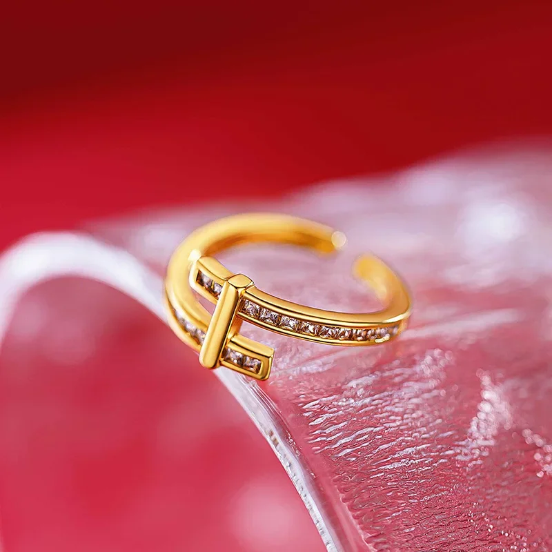 9999 Real Gold 24K Light Luxury High-end Micro-inlaid Male and Female Couples Row Diamond Cross Ring Niche Ins Design