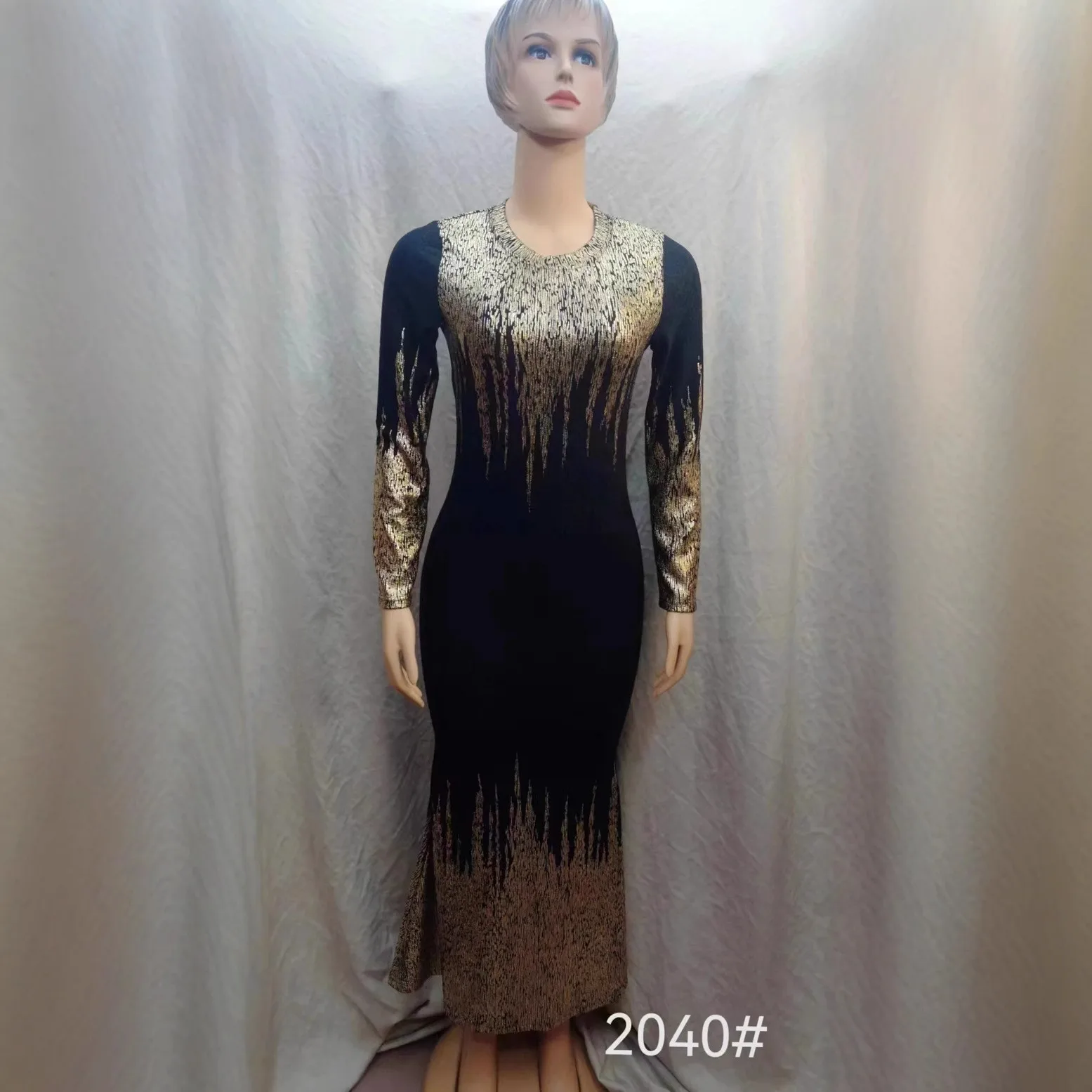 Elegant Party Long Sleeve Gold Foil Print Wedding Guest Dress Maxi Length Black Base Mermaid Skirt Fitted Waist Evening Dress view 3