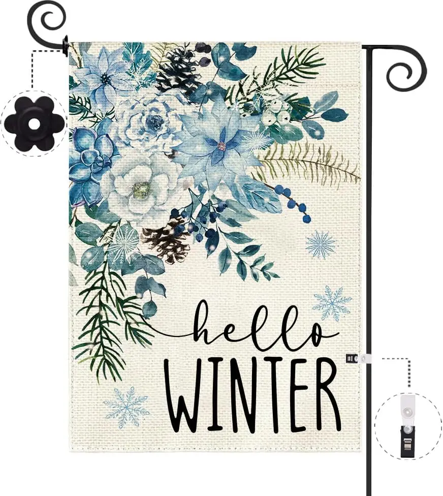 Baccessor Hello Winter Blue Flower Garden Flag 12.5 x 18 Inch Double Sided Burlap Winter Blue Flower Snowflake Pinecone Christma