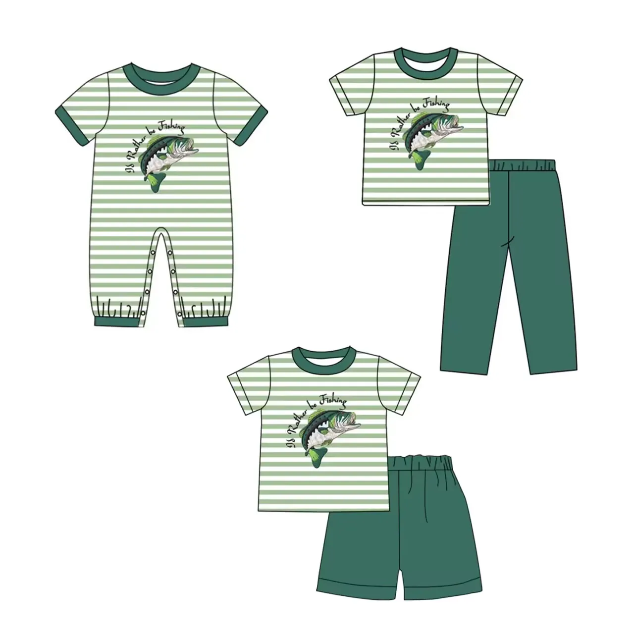 New hot sale boys clothes Short sleeve series suit set fish print green striped fabric Everyday style