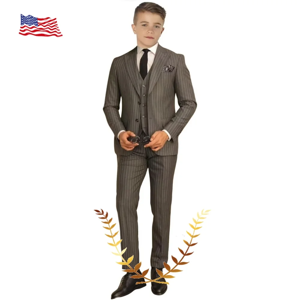 3 Pieces Boys Pinstripe Suit Slim-fit Lapel Jacket Vest Pants Set Boys Tuxedo Wedding Party Formal Suits for Boys