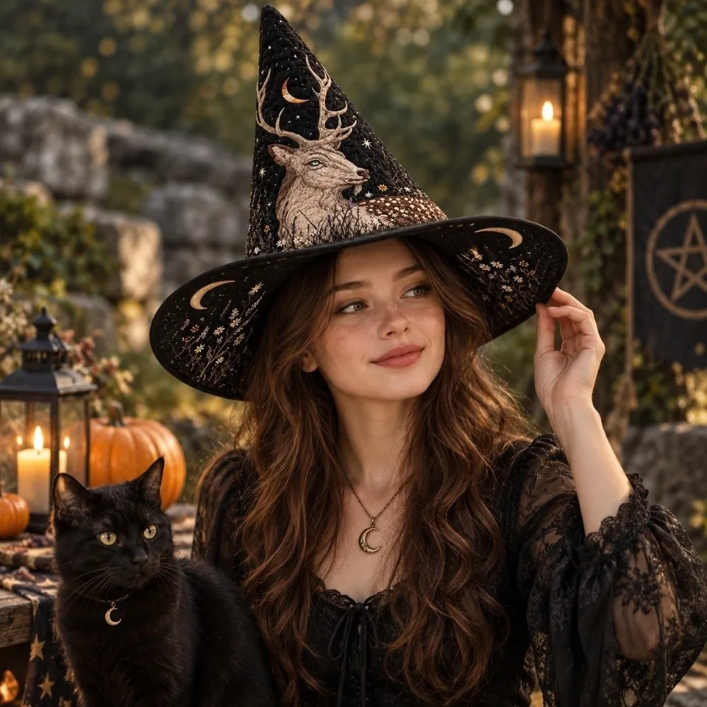 Gothic Wide Brim Halloween Witch Hat Cosplay Quilting Process Festival Hat Vintage Flower Pointed Wizard Hat Cosplay Party