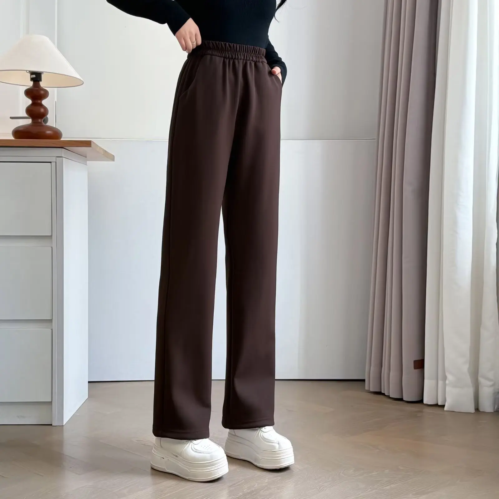 

XXXXL модные женские прямые брюки больших размеров, осенние и зимние повседневные брюки до щиколотки на флисовой подкладке 26016