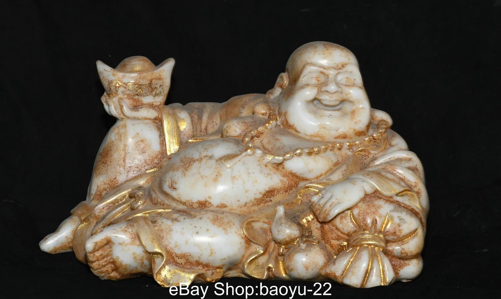 Old Dynasty White Jade Gilt Happy Laugh Maitreya Buddha Yuanbao Wealth Statue