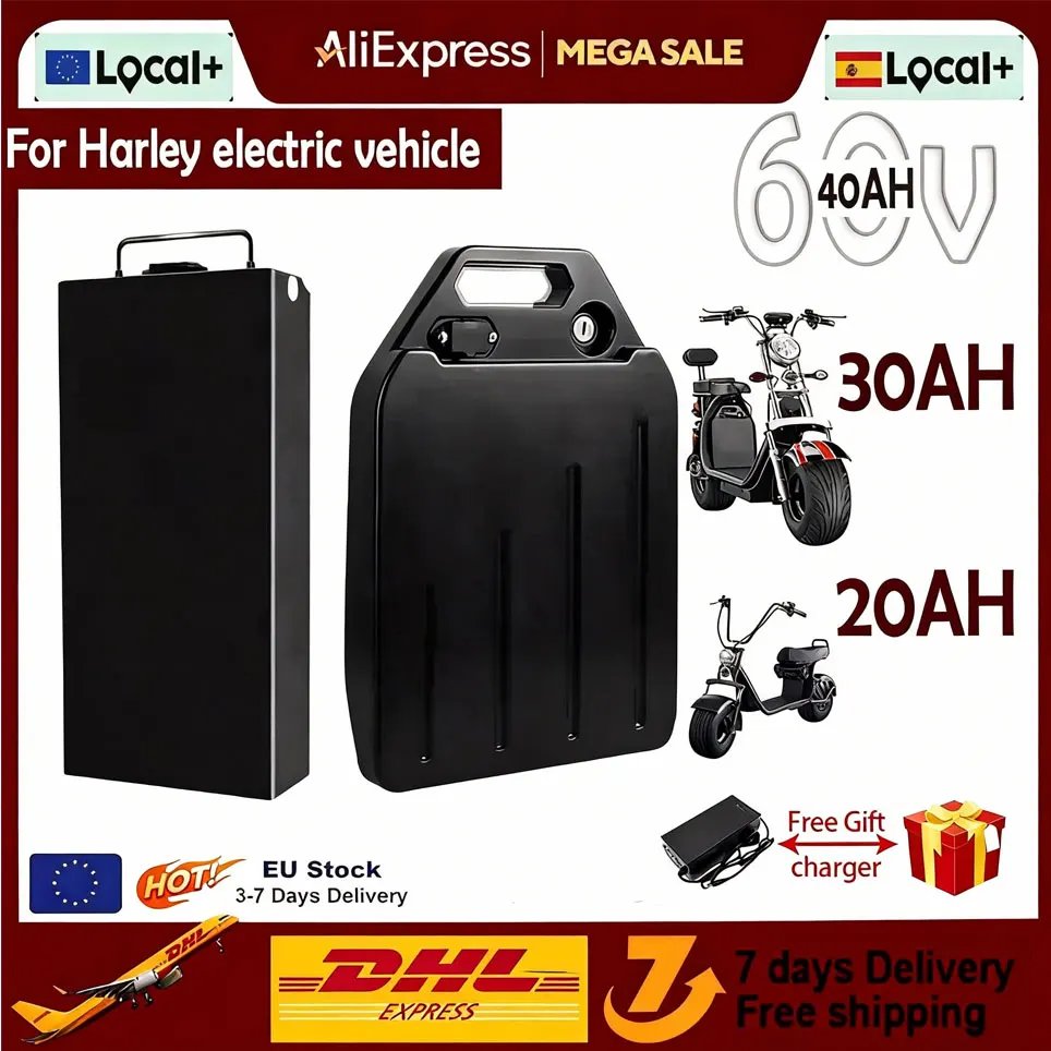 18650 Akku 60 V 20 Ah 30 Ah wasserdichte Lithiumbatterie für 250 W-2500 W Harley zweirädriger faltbarer Citycoco Elektroroller